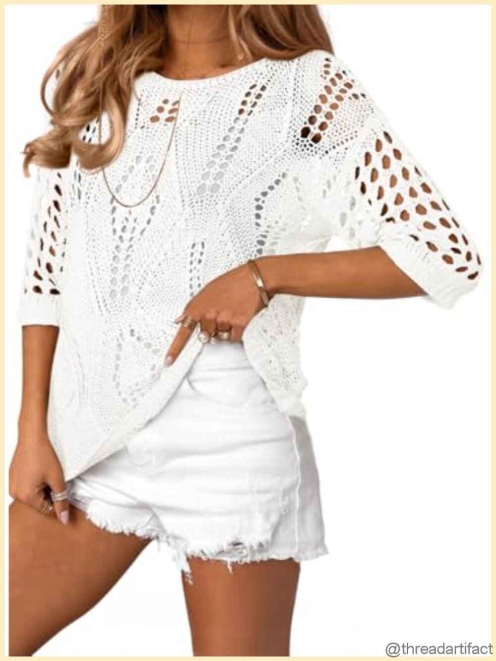 Women Crochet Hollow Out 3/4 Sleeve Knit Pullover Sweater Cover Up